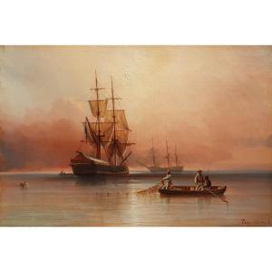 François Joseph Tronville Fishermen At Dusk Oil On Canvas 1847 Marine 