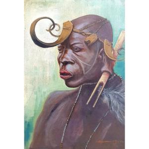 Portrait d'un guerrier Kavirondo (Luo) Kenya Huile sur panneau vers 1930-40 peintre allemand
