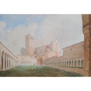 La basilique Saint François d'Assise aquarelle sur papier 1861 monogrammée Italie