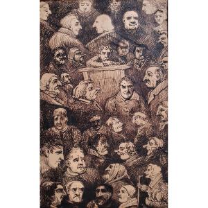 The Court Caricature Characters Ink Drawing Lyon 1857 