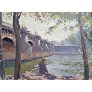 Homme assis devant le pont Neuf en bord de Seine huile sur carton Paris 1899 