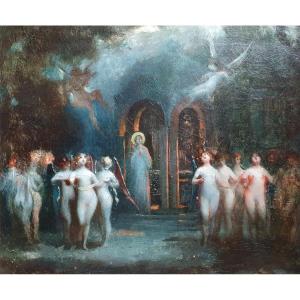 Scene symboliste huile sur toile de la fin du XIXème siècle 