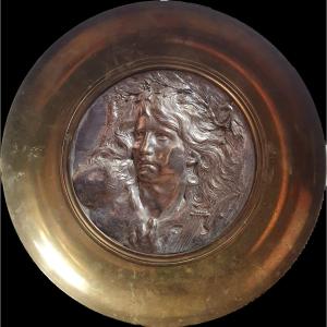 Orphée Grand plat en bronze et laiton fin du XIXème siècle Jollet & Cie 