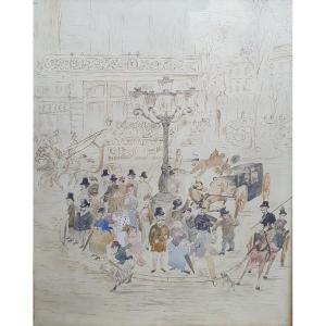 Place De Clichy Paris Charming Watercolor Late 19th Century
