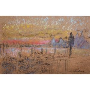 André Hambourg Vue de Venise Pastel ou crayon gras sur papier vers 1930 dessin Italie 