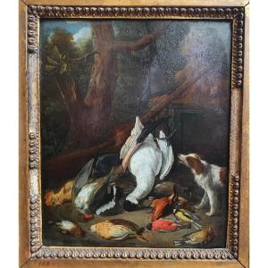 Bird Hunting Trophy Rifle Dog Sphinx Oil On Copper 17th Century Dutch School