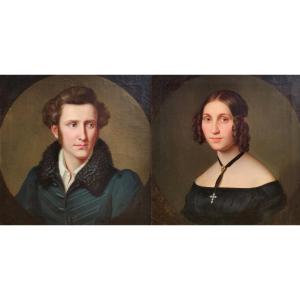 Louis et Victoria Sprückmann Paire de portraits huile sur toile Paderborn Francfort sur le Main