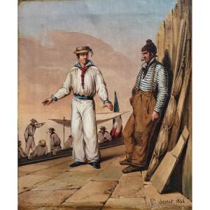 Marins ou jouteurs huile sur toile Serret 1834 matelots français joute