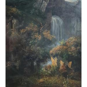 Mountain Landscape With Waterfall Early 19th Century Swiss School Large Oil On Canvas