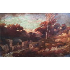 Decamps paysage au ruisseau huile sur panneau vers 1850 cachet collection