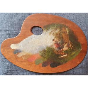 Palette de peintre Tableau Scène de peintre au chevalet XIXème siècle 