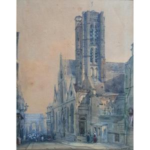 Eglise Saint Nicolas des Champs Aquarelle 1846 signature à identifier Paris Porte Saint Martin