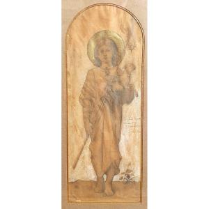Luc Olivier Merson, *saint John The Baptist And The Lamb Of God*, Graphite Drawing, Late 19th Century
