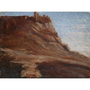 Landscape With A Castle, Oil On Canvas, Castle Of The Cathar Country? 19th Century