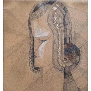 Profil de femme art déco à la manière d'un bijou dessin mine de plomb et aquarelle vers 1925