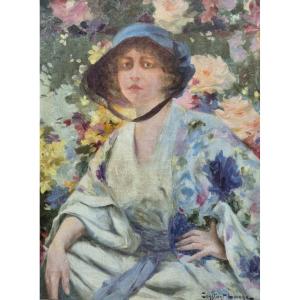 Constant Louche, Portrait Of An Elegant Woman With Flowers, Oil On Canvas, Ca. 1920, Algiers?