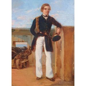 Full-length Portrait Of A Naval Cadet, Oil On Panel, Circa 1860, Frigate With Cannons