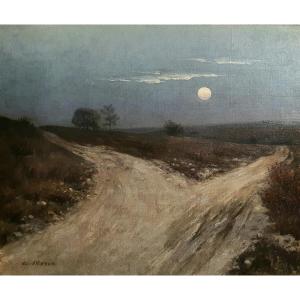 Adolphe Morin, *night Landscape*, Oil On Canvas, 19th Century, Moon
