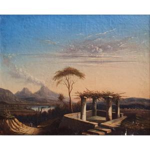 View Of The Gulf Of Naples And Vesuvius, Oil On Canvas, 19th Century, Italy