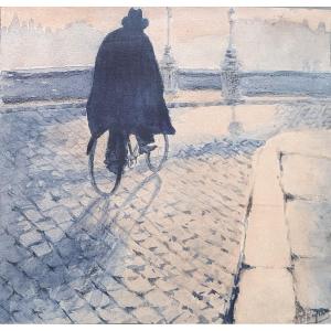 Homme à vélo sur un pont à Paris Aquarelle sur papier dessin vers 1930 