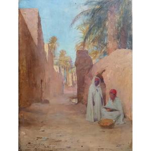 Charles Bitte Vue d'une ruelle de Biskra Algérie huile sur panneau d'acajou 1891 orientalisme