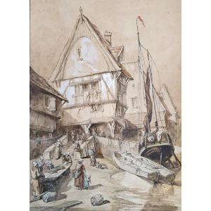 Louis Adolphe Hervier, *the Auction Market In A Town In Normandy*, Pen And Watercolor, 1854