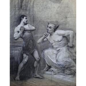 King Midas—large Graphite Drawing On Paper, Second Half Of The 19th Century, Mythology