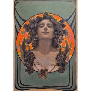 Francesco Vecchi, *woman Among The Vine Vines*, Gouache On Paper; Art Nouveau Allegory Of Wine