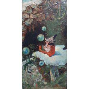 The Dwarf On His Mushroom, Oil On Panel, Grasshopper And Frog, Late 19th Century Curiosity Piece