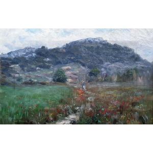 Johan Peter Von Wildenradt Les Pennes Mirabeau paysage aux fleurs Marseille huile sur toile