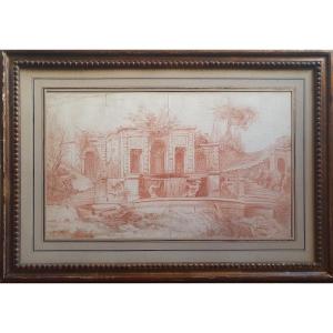 Paysage à la fontaine et aux sculptures Sanguine du XVIIIème siècle dessin ancien