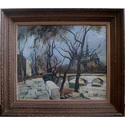 René Zimmermann Vue De Notre Dame De Paris Bord De Seine Bouquiniste Huile Sur Toile