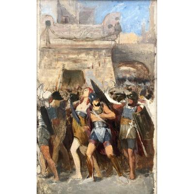 Pierre Dupuis The Bag Or The Plundering Of A City Rome? Double Sided Woman Dog Sketch Oil