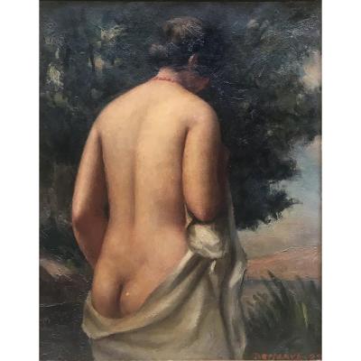 René Besserve  Baigneuse Au Collier Rouge Femme Nue Huile Sur Toile 1929