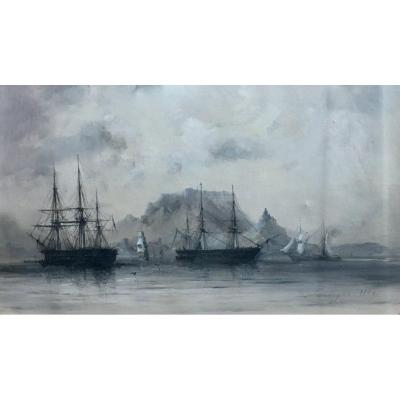 Barthélemy Lauvergne Le  Cap Afrique Du Sud 1859 Huile Et Gouache Sur Papier Marine