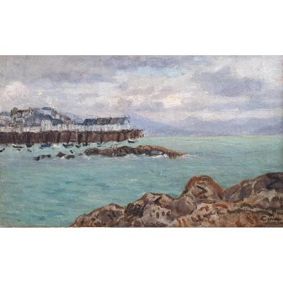 Edmond Ceria The Port Of Saint-malo Oil On Canvas Marine Boats Brittany