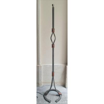 Beautiful Wrought Iron And Leather Floor Lamp Circa 1960 Horseshoe