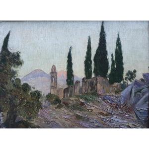 Cypress Landscape Oil On Canvas Board