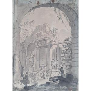 Paysage De Ruines Animées XVIIIème Siècle Ecole Française Cachet Charles Gasc 