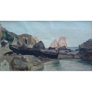 Charles Baptiste Schreiber Capri Italie Huile Sur Toile  1875 Marine Mer 