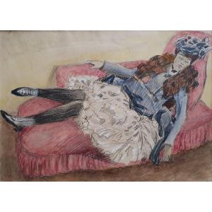 Tony Minartz After The Ball Lying Woman Watercolor And Pencil