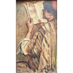 Alfred Chataud Young Arab Reading Oil On Panel Koran Late Nineteenth Century