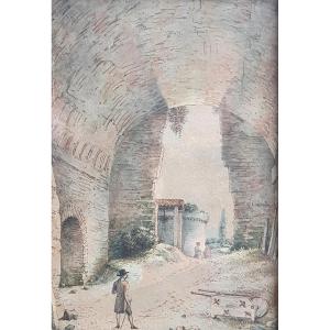 Victor Jean Nicolle Animated Architecture Pen And Watercolor On Paper Italy Rome Drawing