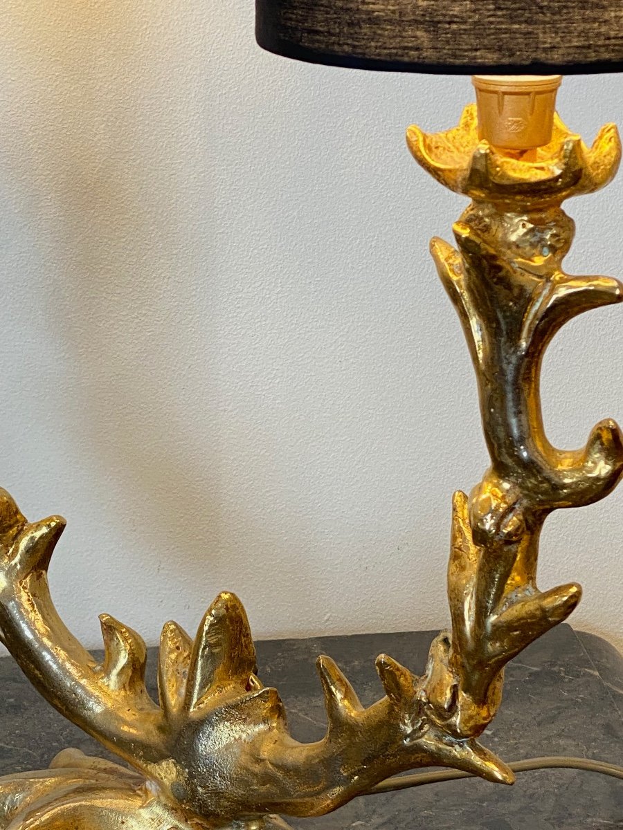 Georges Mathias, Two-arm Sculpture Lamp In Golden Cast Iron-photo-2