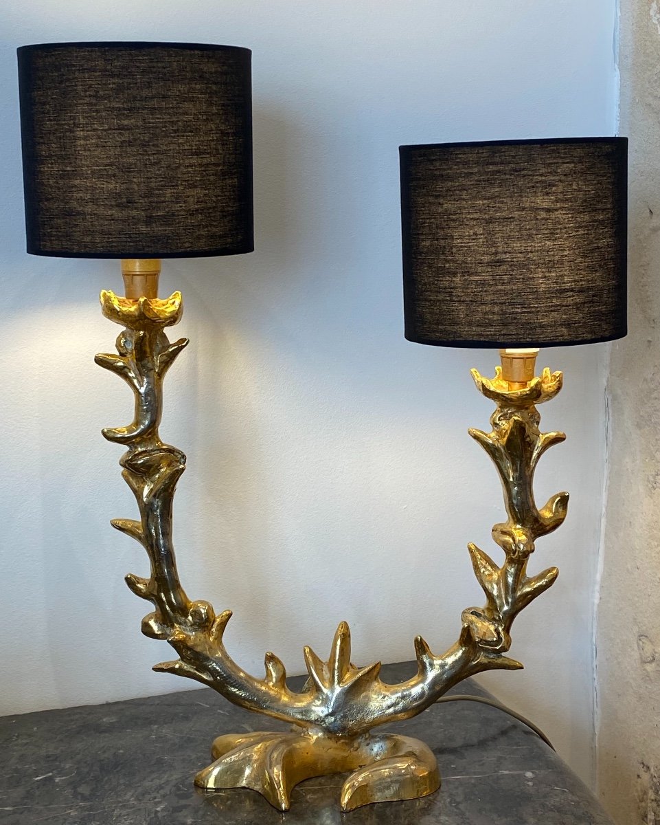 Georges Mathias, Two-arm Sculpture Lamp In Golden Cast Iron
