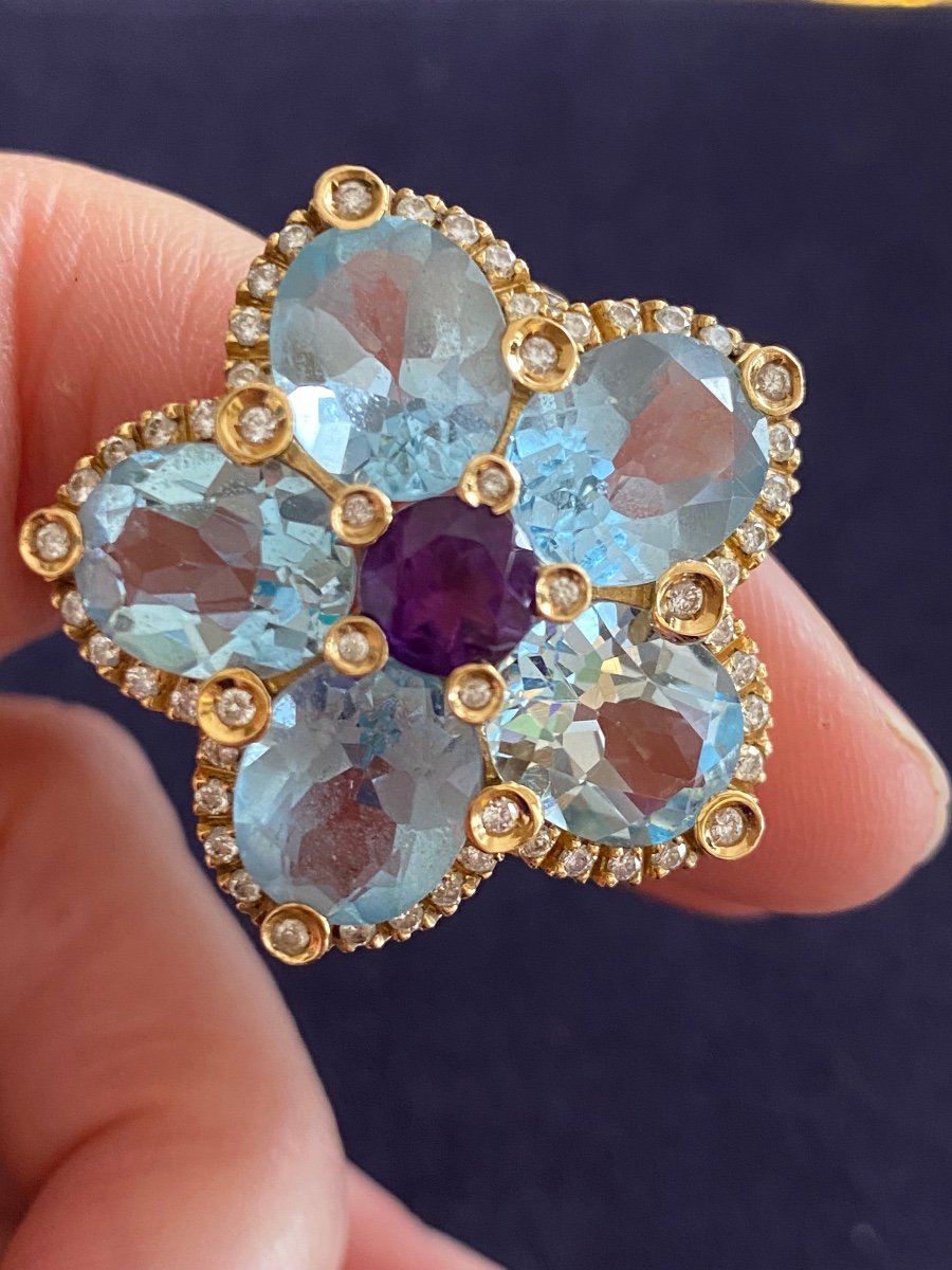  Bague cocktail Fleur Aigues-marines, Améthyste & Diamants