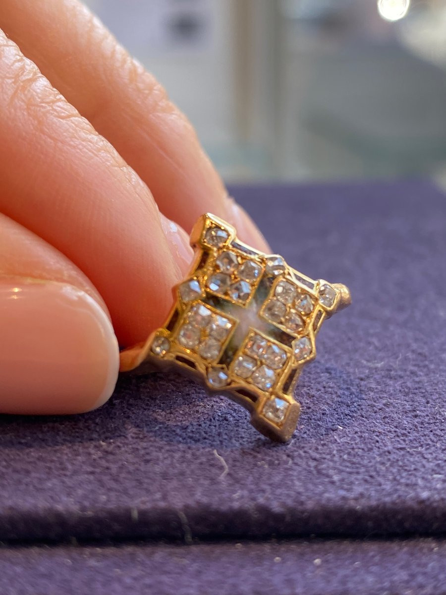 Bague Ancienne Or Jaune, Diamants  &  Email-photo-3