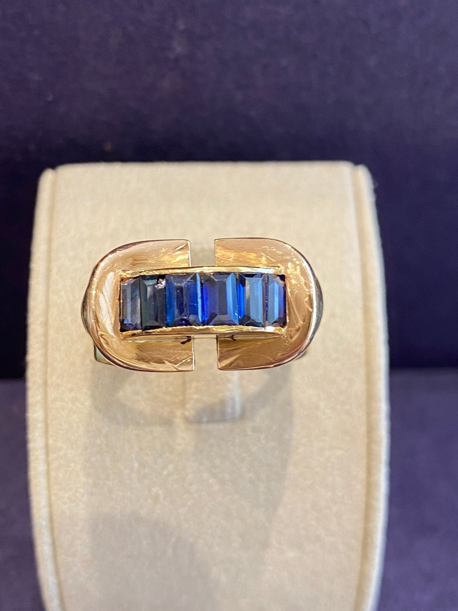 Verneuil Two Gold & Sapphires Tank Ring-photo-4