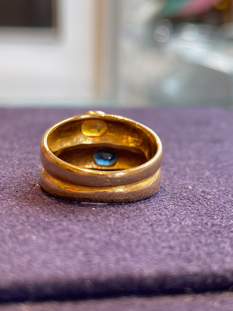 BAGUE DOUBLE JONCS  EN OR SAPHIR BLEU ET SAPHIR JAUNE-photo-2
