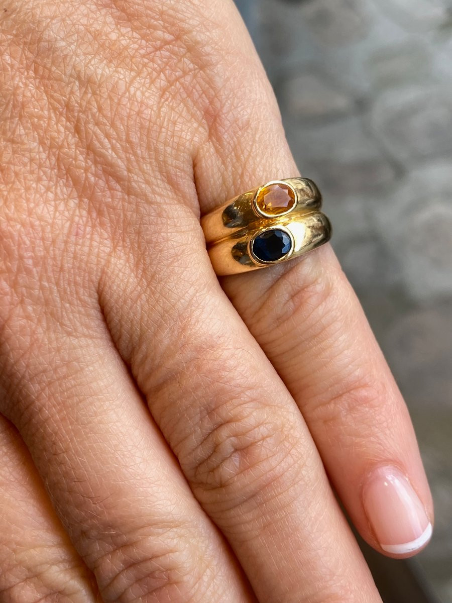 BAGUE DOUBLE JONCS  EN OR SAPHIR BLEU ET SAPHIR JAUNE-photo-3
